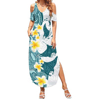 Maori Manta Ray Plumeria Teal Family Matching Summer Maxi Dress and Hawaiian Shirt LT01 Mom's Dress Teal - Polynesian Pride