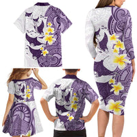 Maori Manta Ray Plumeria Deep Purple Family Matching Long Sleeve Bodycon Dress and Hawaiian Shirt LT01 - Polynesian Pride
