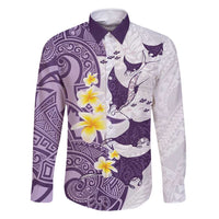 Maori Manta Ray Plumeria Deep Purple Family Matching Summer Maxi Dress and Hawaiian Shirt LT01 Dad's Shirt - Long Sleeve Purple - Polynesian Pride