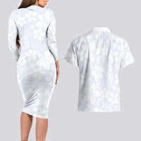 Plumeria Floral White Sunday Couples Matching Long Sleeve Bodycon Dress and Hawaiian Shirt