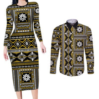 Fiji Masi Tapa Pattern Yellow Couples Matching Long Sleeve Bodycon Dress and Long Sleeve Button Shirt - Polynesian Pride