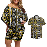 Fiji Masi Tapa Pattern Yellow Couples Matching Off Shoulder Short Dress and Hawaiian Shirt - Polynesian Pride