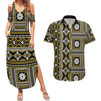 Fiji Masi Tapa Pattern Yellow Couples Matching Summer Maxi Dress and Hawaiian Shirt - Polynesian Pride