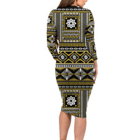 Fiji Masi Tapa Pattern Yellow Family Matching Long Sleeve Bodycon Dress and Hawaiian Shirt - Polynesian Pride
