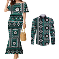 Fiji Masi Tapa Pattern Teal Couples Matching Mermaid Dress and Long Sleeve Button Shirt - Polynesian Pride
