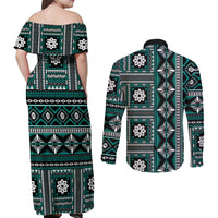 Fiji Masi Tapa Pattern Teal Couples Matching Off Shoulder Maxi Dress and Long Sleeve Button Shirt - Polynesian Pride