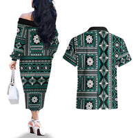 Fiji Masi Tapa Pattern Teal Couples Matching Off The Shoulder Long Sleeve Dress and Hawaiian Shirt - Polynesian Pride