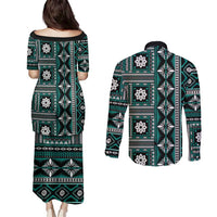 Fiji Masi Tapa Pattern Teal Couples Matching Puletasi and Long Sleeve Button Shirt LT01 - Polynesian Pride
