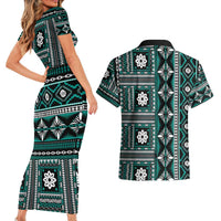 Fiji Masi Tapa Pattern Teal Couples Matching Short Sleeve Bodycon Dress and Hawaiian Shirt - Polynesian Pride