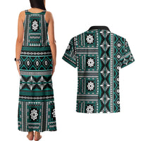 Fiji Masi Tapa Pattern Teal Couples Matching Tank Maxi Dress and Hawaiian Shirt - Polynesian Pride