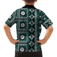 Fiji Masi Tapa Pattern Teal Family Matching Long Sleeve Bodycon Dress and Hawaiian Shirt - Polynesian Pride