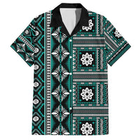 Fiji Masi Tapa Pattern Teal Family Matching Long Sleeve Bodycon Dress and Hawaiian Shirt - Polynesian Pride