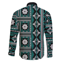 Fiji Masi Tapa Pattern Teal Family Matching Long Sleeve Bodycon Dress and Hawaiian Shirt - Polynesian Pride