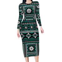 Fiji Masi Tapa Pattern Teal Family Matching Long Sleeve Bodycon Dress and Hawaiian Shirt - Polynesian Pride