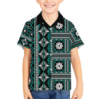 Fiji Masi Tapa Pattern Teal Family Matching Long Sleeve Bodycon Dress and Hawaiian Shirt - Polynesian Pride