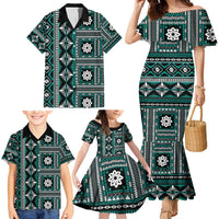 Fiji Masi Tapa Pattern Teal Family Matching Mermaid Dress and Hawaiian Shirt - Polynesian Pride