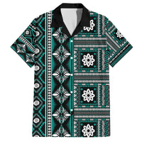 Fiji Masi Tapa Pattern Teal Family Matching Off The Shoulder Long Sleeve Dress and Hawaiian Shirt - Polynesian Pride