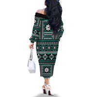 Fiji Masi Tapa Pattern Teal Family Matching Off The Shoulder Long Sleeve Dress and Hawaiian Shirt - Polynesian Pride