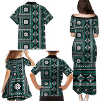 Fiji Masi Tapa Pattern Teal Family Matching Puletasi and Hawaiian Shirt - Polynesian Pride