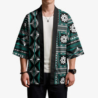 Fiji Masi Tapa Pattern Teal Kimono - Polynesian Pride