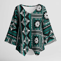 Fiji Masi Tapa Pattern Teal Kimono Sleeve Blouse - Polynesian Pride