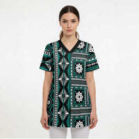 Fiji Masi Tapa Pattern Teal Scrub Top - Polynesian Pride