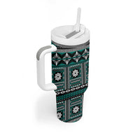 Fiji Masi Tapa Pattern Teal Tumbler With Handle - Polynesian Pride