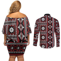 Fiji Masi Tapa Pattern Red Couples Matching Off Shoulder Short Dress and Long Sleeve Button Shirt - Polynesian Pride