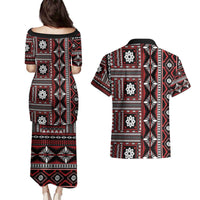 Fiji Masi Tapa Pattern Red Couples Matching Puletasi and Hawaiian Shirt - Polynesian Pride