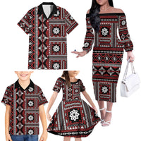 Fiji Masi Tapa Pattern Red Family Matching Off The Shoulder Long Sleeve Dress and Hawaiian Shirt - Polynesian Pride