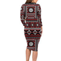 Fiji Masi Tapa Pattern Red Long Sleeve Bodycon Dress - Polynesian Pride