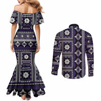 Fiji Masi Tapa Pattern Purple Couples Matching Mermaid Dress and Long Sleeve Button Shirt - Polynesian Pride