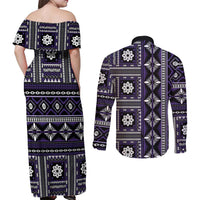 Fiji Masi Tapa Pattern Purple Couples Matching Off Shoulder Maxi Dress and Long Sleeve Button Shirt - Polynesian Pride