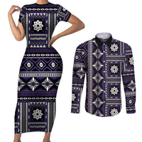 Fiji Masi Tapa Pattern Purple Couples Matching Short Sleeve Bodycon Dress and Long Sleeve Button Shirt - Polynesian Pride