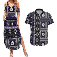 Fiji Masi Tapa Pattern Purple Couples Matching Summer Maxi Dress and Hawaiian Shirt - Polynesian Pride
