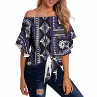 Fiji Masi Tapa Pattern Purple Off Shoulder Wrap Waist Top LT01 - Polynesian Pride