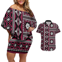 Fiji Masi Tapa Pattern Pink Couples Matching Off Shoulder Short Dress and Hawaiian Shirt - Polynesian Pride