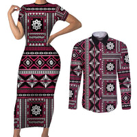 Fiji Masi Tapa Pattern Pink Couples Matching Short Sleeve Bodycon Dress and Long Sleeve Button Shirt - Polynesian Pride