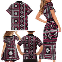 Fiji Masi Tapa Pattern Pink Family Matching Short Sleeve Bodycon Dress and Hawaiian Shirt - Polynesian Pride