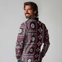 Fiji Masi Tapa Pattern Pink Long Sleeve Polo Shirt - Polynesian Pride