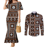 Fiji Masi Tapa Pattern Orange Couples Matching Mermaid Dress and Long Sleeve Button Shirt - Polynesian Pride