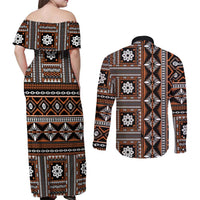 Fiji Masi Tapa Pattern Orange Couples Matching Off Shoulder Maxi Dress and Long Sleeve Button Shirt - Polynesian Pride