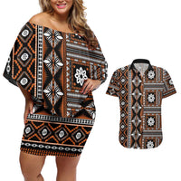 Fiji Masi Tapa Pattern Orange Couples Matching Off Shoulder Short Dress and Hawaiian Shirt - Polynesian Pride