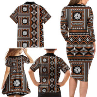 Fiji Masi Tapa Pattern Orange Family Matching Long Sleeve Bodycon Dress and Hawaiian Shirt - Polynesian Pride