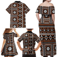 Fiji Masi Tapa Pattern Orange Family Matching Off Shoulder Maxi Dress and Hawaiian Shirt - Polynesian Pride