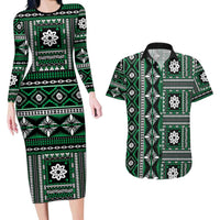 Fiji Masi Tapa Pattern Green Couples Matching Long Sleeve Bodycon Dress and Hawaiian Shirt - Polynesian Pride