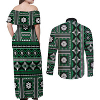 Fiji Masi Tapa Pattern Green Couples Matching Off Shoulder Maxi Dress and Long Sleeve Button Shirt - Polynesian Pride