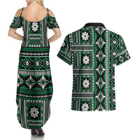 Fiji Masi Tapa Pattern Green Couples Matching Summer Maxi Dress and Hawaiian Shirt - Polynesian Pride