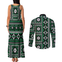 Fiji Masi Tapa Pattern Green Couples Matching Tank Maxi Dress and Long Sleeve Button Shirt - Polynesian Pride