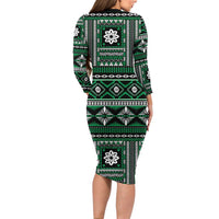 Fiji Masi Tapa Pattern Green Family Matching Long Sleeve Bodycon Dress and Hawaiian Shirt - Polynesian Pride